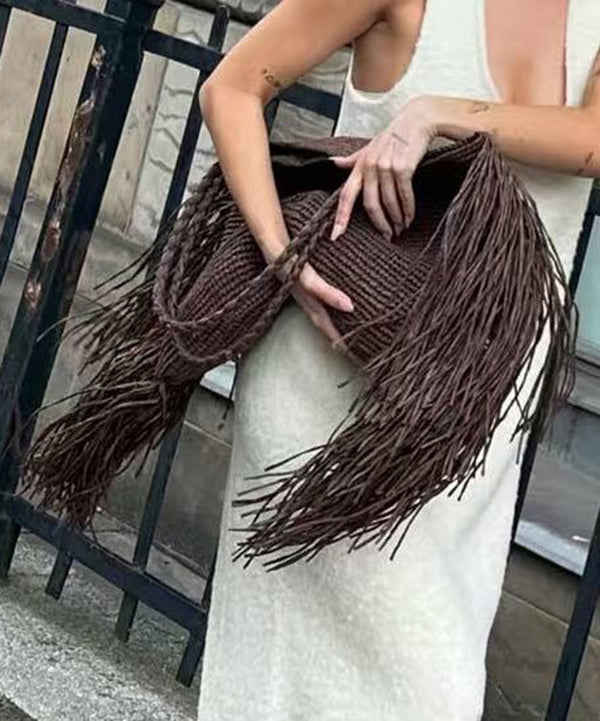 Fashion And Versatile Coffee Woven Tassel Design Shoulder Bag