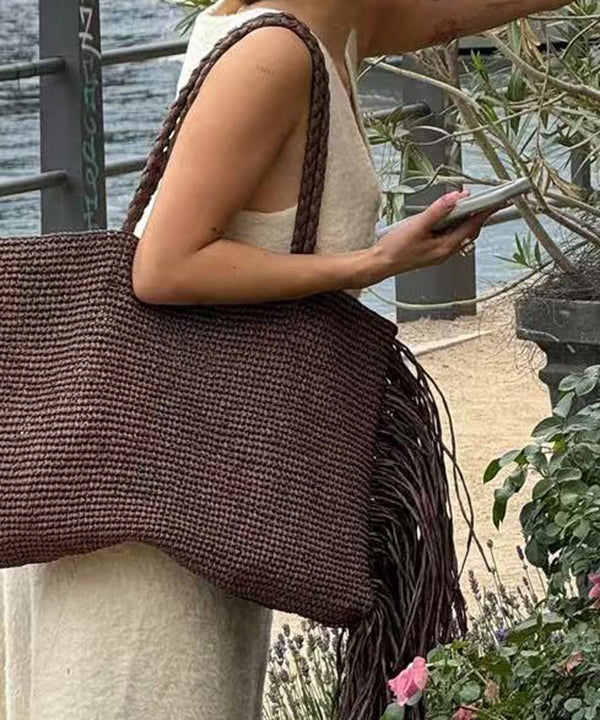 Fashion And Versatile Coffee Woven Tassel Design Shoulder Bag