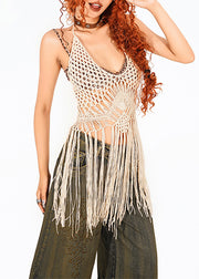 Fashion Apricot Hollow Out Tassel Knit Beach Vest Summer