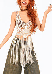 Fashion Apricot Hollow Out Tassel Knit Beach Vest Summer