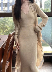Fashion Apricot O-Neck Halter Tunic Knit Cardigans And Long Dress Two Piece Set Fall