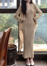 Fashion Apricot O-Neck Halter Tunic Knit Cardigans And Long Dress Two Piece Set Fall