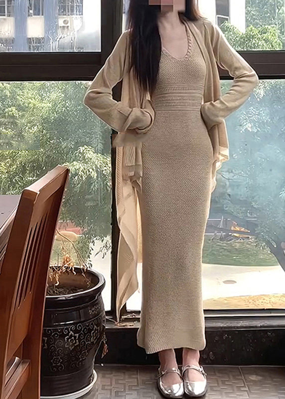 Fashion Apricot O-Neck Halter Tunic Knit Cardigans And Long Dress Two Piece Set Fall