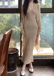 Fashion Apricot O-Neck Halter Tunic Knit Cardigans And Long Dress Two Piece Set Fall