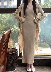 Fashion Apricot O-Neck Halter Tunic Knit Cardigans And Long Dress Two Piece Set Fall