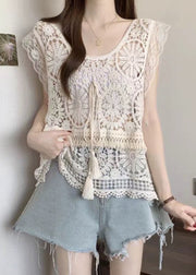 Fashion Apricot O-Neck Tassel Lace Tank Summer