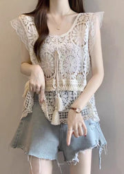 Fashion Apricot O-Neck Tassel Lace Tank Summer