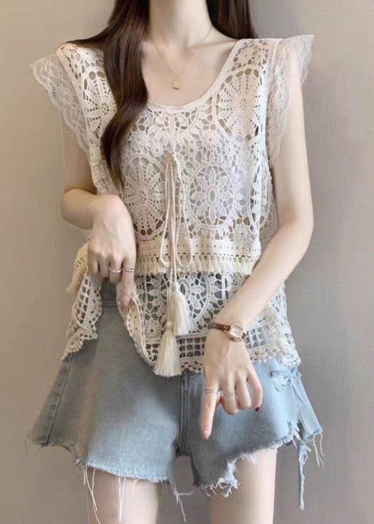 Fashion Apricot O-Neck Tassel Lace Tank Summer