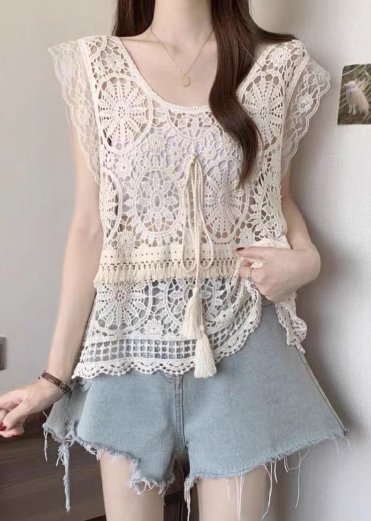 Fashion Apricot O-Neck Tassel Lace Tank Summer
