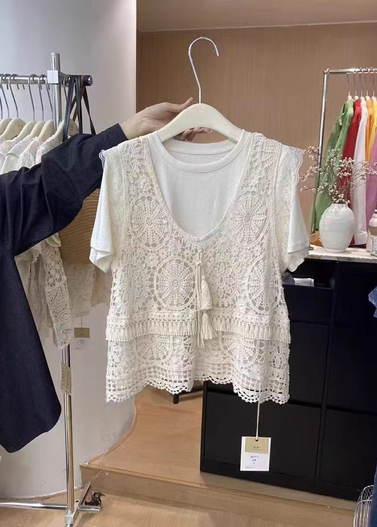 Fashion Apricot O-Neck Tassel Lace Tank Summer