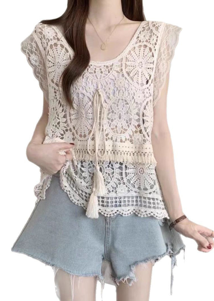 Fashion Apricot O-Neck Tassel Lace Tank Summer