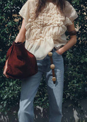 Fashion Apricot O-Neck Wrinkled Floral Chiffon Top Summer