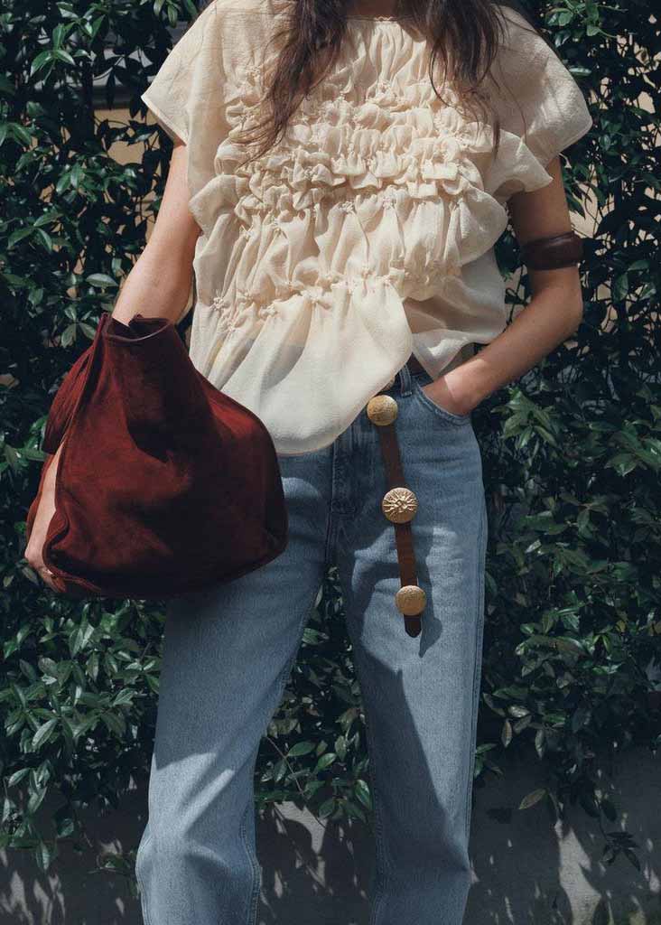 Fashion Apricot O-Neck Wrinkled Floral Chiffon Top Summer