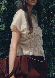Fashion Apricot O-Neck Wrinkled Floral Chiffon Top Summer