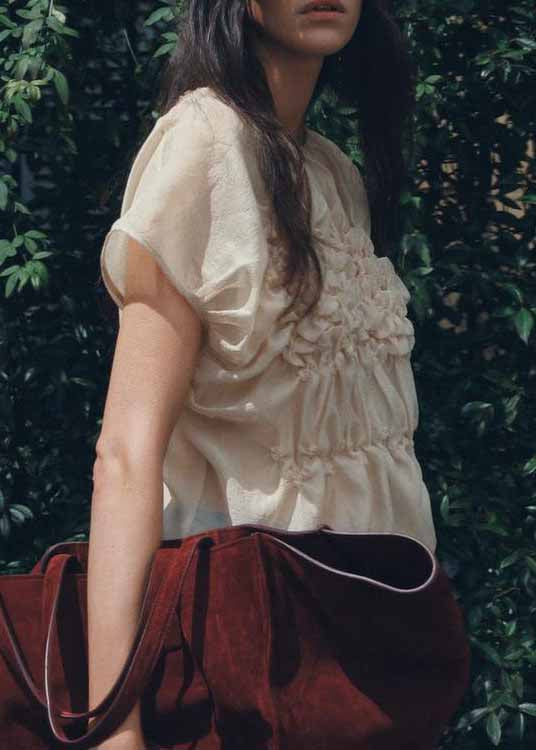 Fashion Apricot O-Neck Wrinkled Floral Chiffon Top Summer