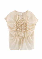 Fashion Apricot O-Neck Wrinkled Floral Chiffon Top Summer