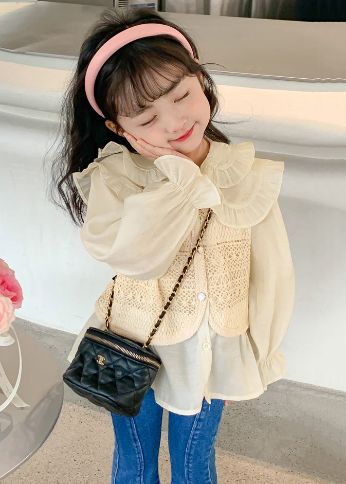 Fashion Apricot Peter Pan Collar False Two Pieces Cotton Knit Girls Shirt Spring