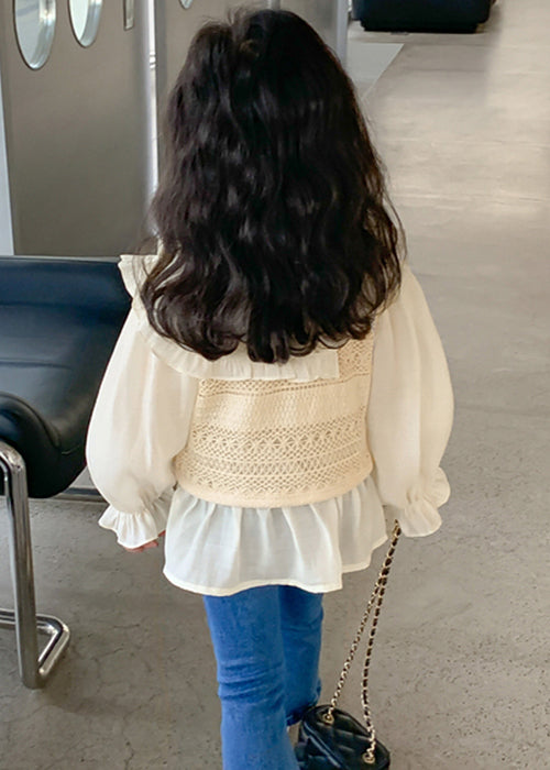 Fashion Apricot Peter Pan Collar False Two Pieces Cotton Knit Girls Shirt Spring