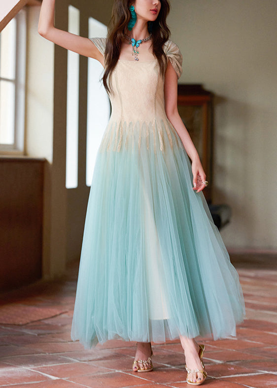 Fashion Apricot Sequins Lace Patchwork Tulle Long Dress Summer