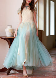 Fashion Apricot Sequins Lace Patchwork Tulle Long Dress Summer