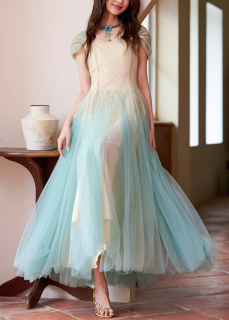 Fashion Apricot Sequins Lace Patchwork Tulle Long Dress Summer