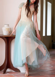Fashion Apricot Sequins Lace Patchwork Tulle Long Dress Summer