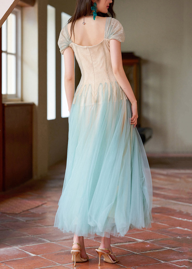 Fashion Apricot Sequins Lace Patchwork Tulle Long Dress Summer