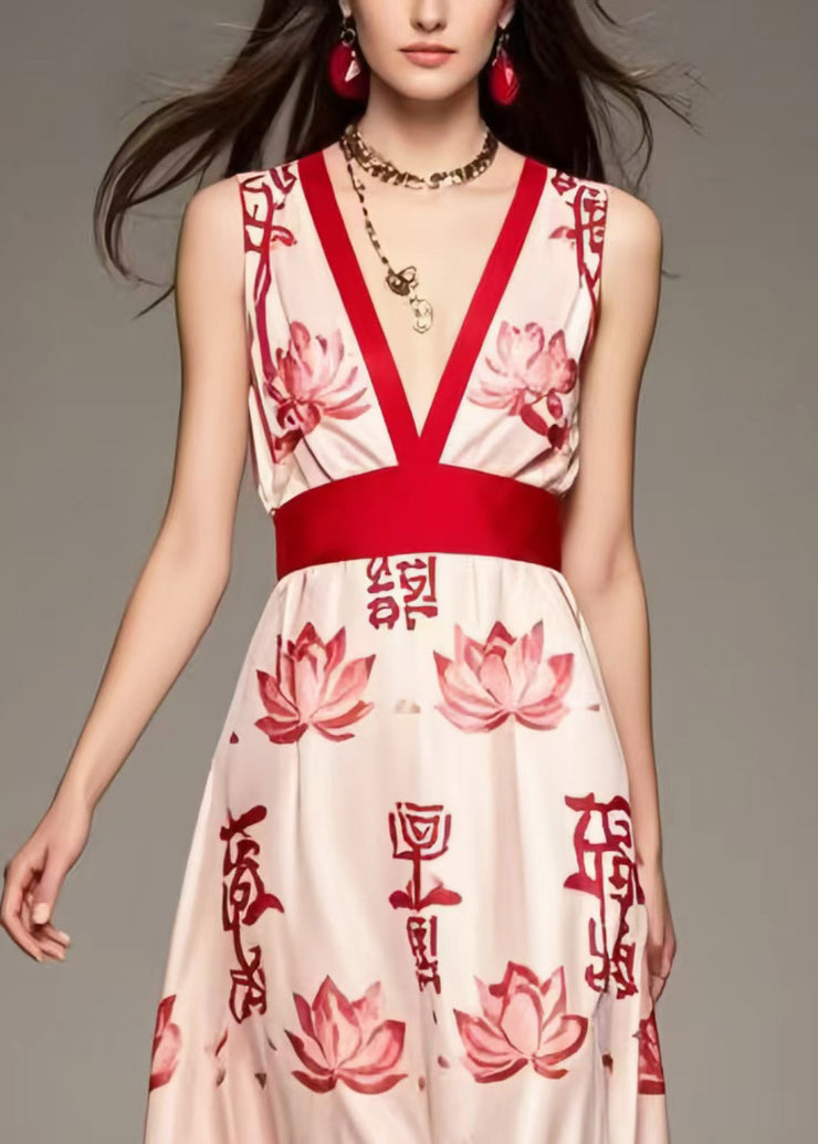 Fashion Apricot V Neck Print Chiffon Long Dress Sleeveless