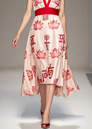 Fashion Apricot V Neck Print Chiffon Long Dress Sleeveless