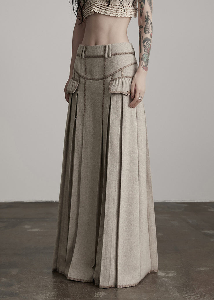 Fashion Apricot Wrinkled High Waist Patchwork Woolen Skirts Winter