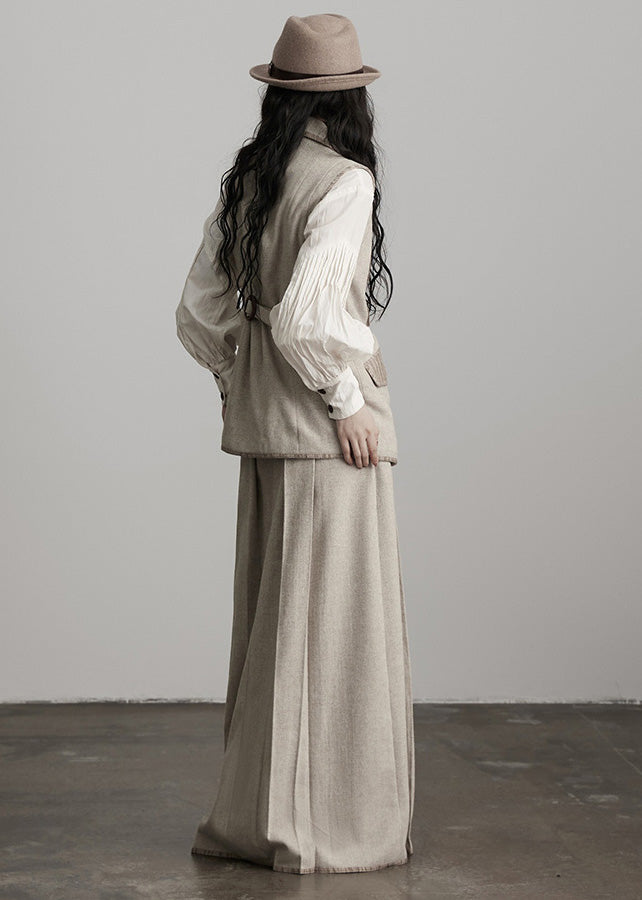 Fashion Apricot Wrinkled High Waist Patchwork Woolen Skirts Winter