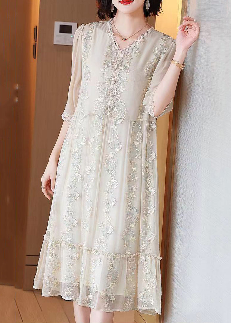 Fashion Beige Embroidered Lace Ruffled Silk Dresses Half Sleeve – SooLinen