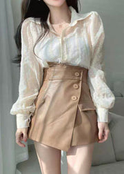 Fashion Beige Lace Button Solid Cotton Shirts Puff Sleeve
