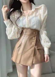 Fashion Beige Lace Button Solid Cotton Shirts Puff Sleeve
