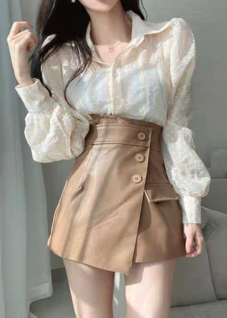 Fashion Beige Lace Button Solid Cotton Shirts Puff Sleeve