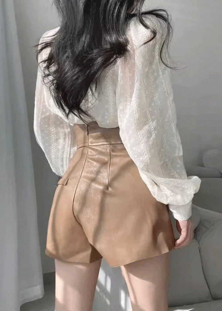 Fashion Beige Lace Button Solid Cotton Shirts Puff Sleeve