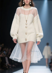 Fashion Beige O Neck Tulle Patchwork Long Knit Dress Fall