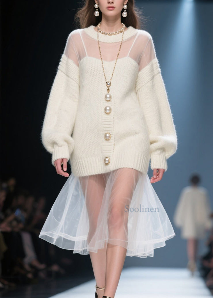 Fashion Beige O Neck Tulle Patchwork Long Knit Dress Fall