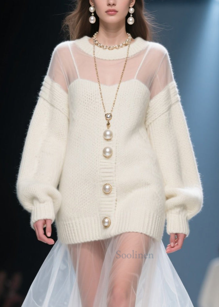 Fashion Beige O Neck Tulle Patchwork Long Knit Dress Fall