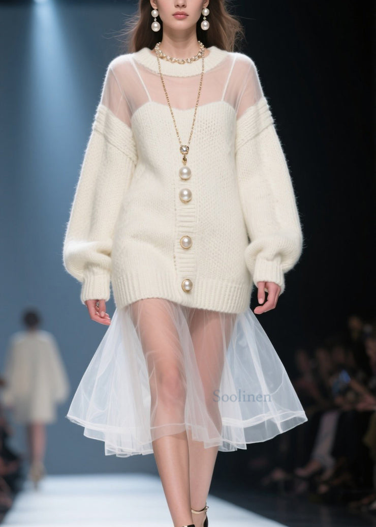 Fashion Beige O Neck Tulle Patchwork Long Knit Dress Fall