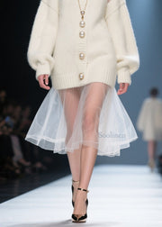 Fashion Beige O Neck Tulle Patchwork Long Knit Dress Fall
