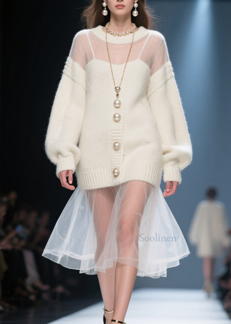 Fashion Beige O Neck Tulle Patchwork Long Knit Dress Fall