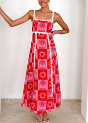 Fashion Beige Print Cotton Spaghetti Strap Dress Summer