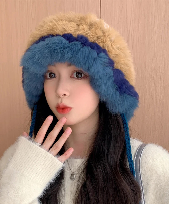 Fashion Beige Rabbit Wool Thick Warm Bucket Hat