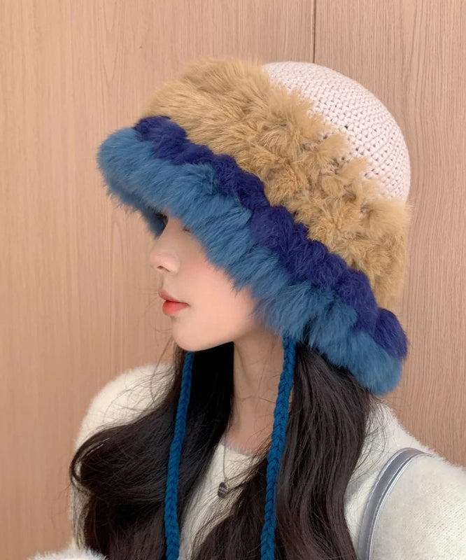 Fashion Beige Rabbit Wool Thick Warm Bucket Hat
