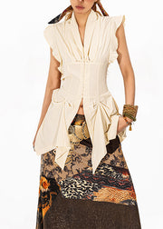 Fashion Beige Ruffled Patchwork Asymmetrical Top Sleeveless
