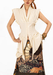 Fashion Beige Ruffled Patchwork Asymmetrical Top Sleeveless