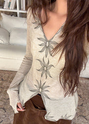 Fashion Beige V Neck Embroidered Cotton Top Fall