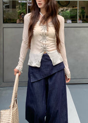 Fashion Beige V Neck Embroidered Cotton Top Fall