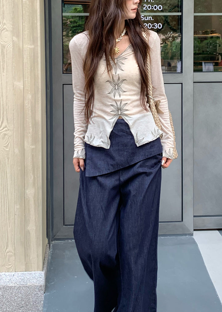 Fashion Beige V Neck Embroidered Cotton Top Fall